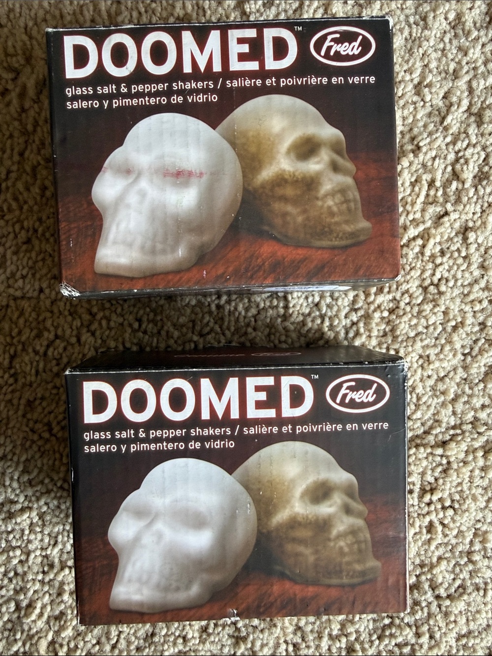 Fred DOOMED Skull Salt & Pepper Shakers — White Glass